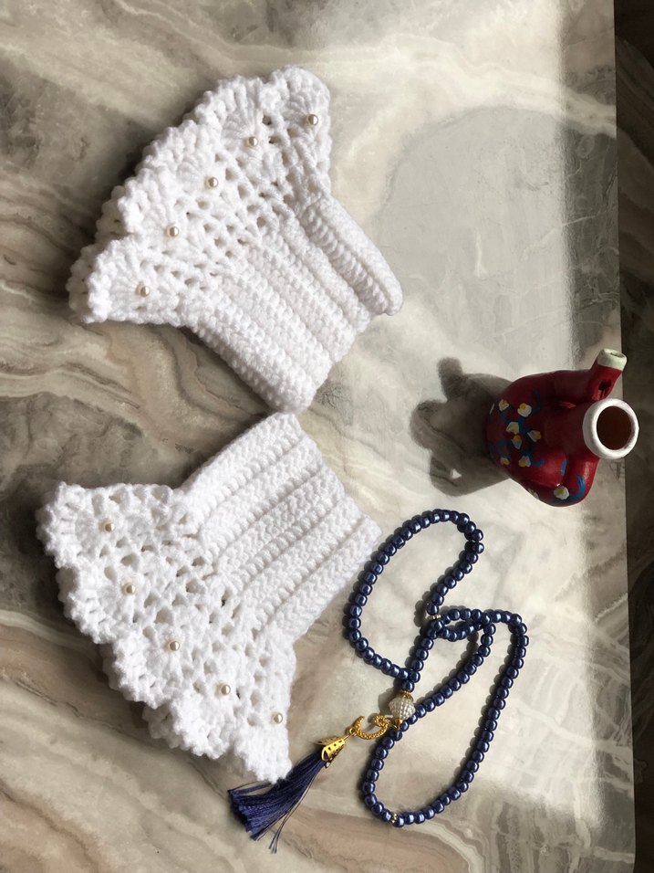 Beyaz Örgü Bohem Kadın Eldiveni - Görsel 2