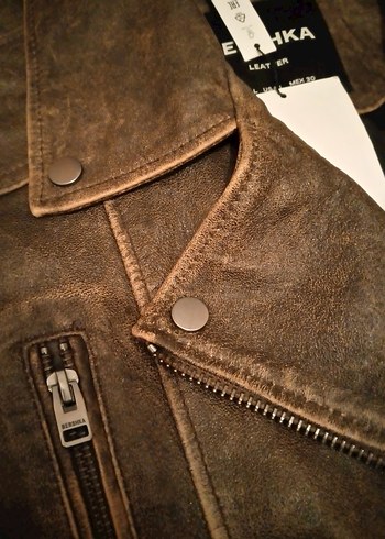 BERSHKA (%100Gerçek Deri)Kahverengi Biker Deri Ceket Erkek - Görsel 7