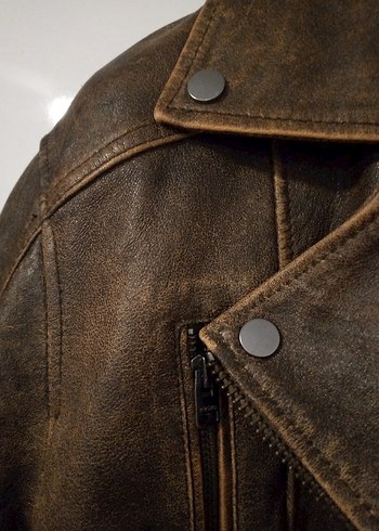 BERSHKA (%100Gerçek Deri)Kahverengi Biker Deri Ceket Erkek - Görsel 5