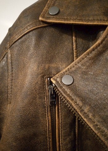 BERSHKA (%100Gerçek Deri)Kahverengi Biker Deri Ceket Erkek - Görsel 6