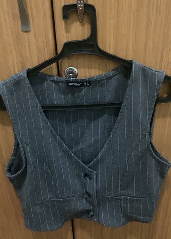 Çizgili Gri Kolsuz Kadın Denim Yelek