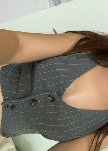 Diğer Çizgili Gri Kolsuz Kadın Denim Yelek