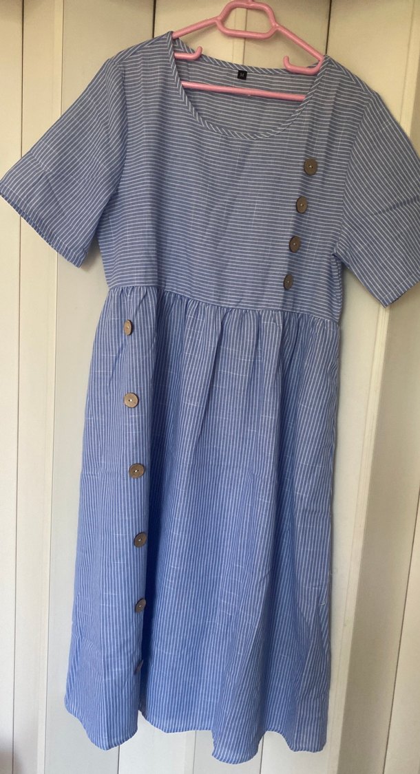 Mavi Çizgili Hamile Midi Elbise - Görsel 2