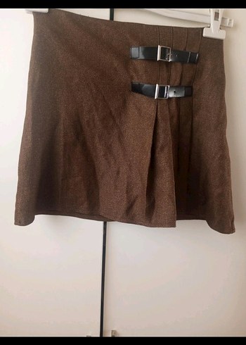 Kahverengi Süet Kemerli Mini Etek