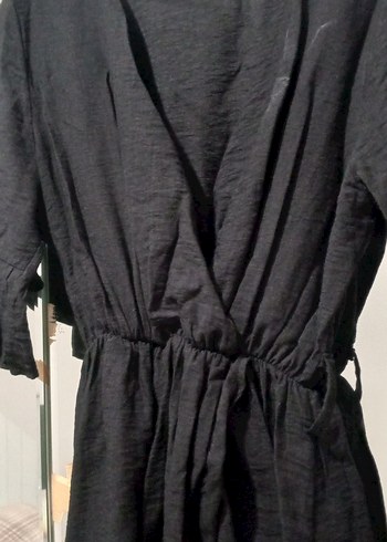 Siyah V Yaka Uzun Keten Elbise - Görsel 4