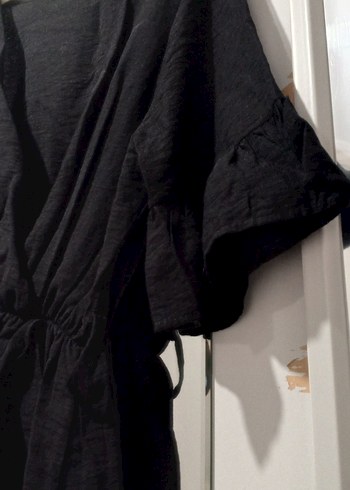 Siyah V Yaka Uzun Keten Elbise - Görsel 3