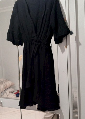 Siyah V Yaka Uzun Keten Elbise - Görsel 2