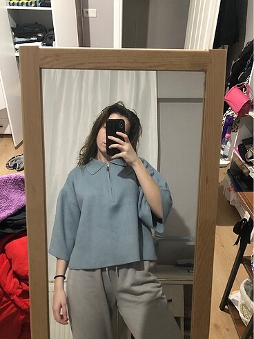 Diğer yarım kol oversize fermuar yaka