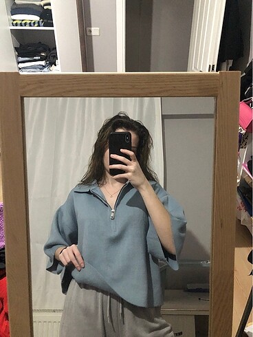 m Beden mavi Renk yarım kol oversize fermuar yaka
