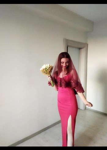 Pembe Straplez Uzun Abiye Elbise