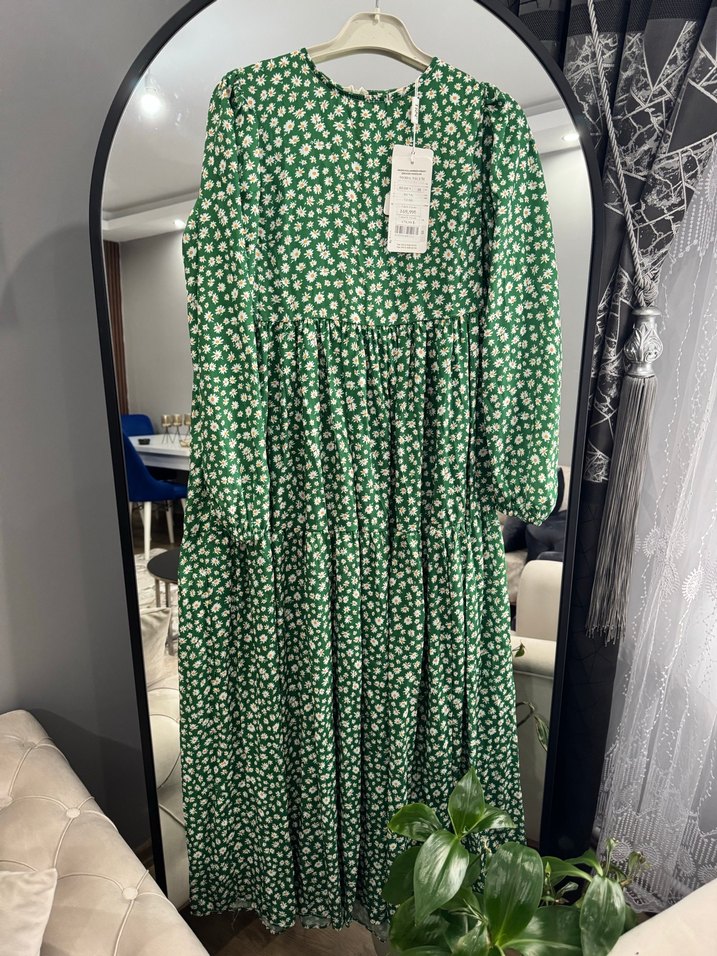 Yeşil papatya desenli Uzun Elbise - Görsel 2