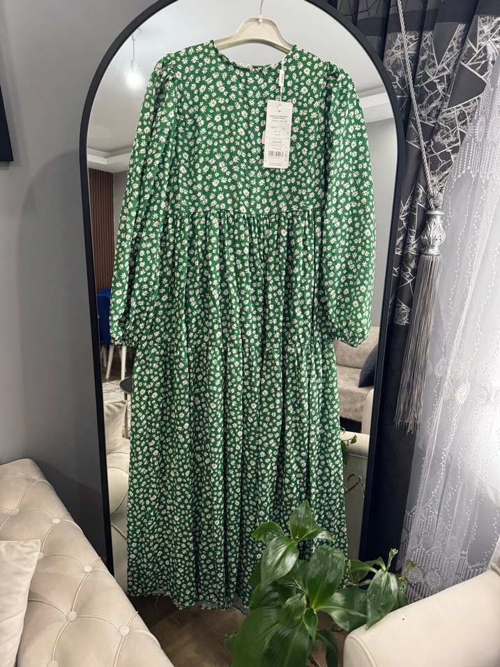 Yeşil papatya desenli Uzun Elbise - Görsel 3