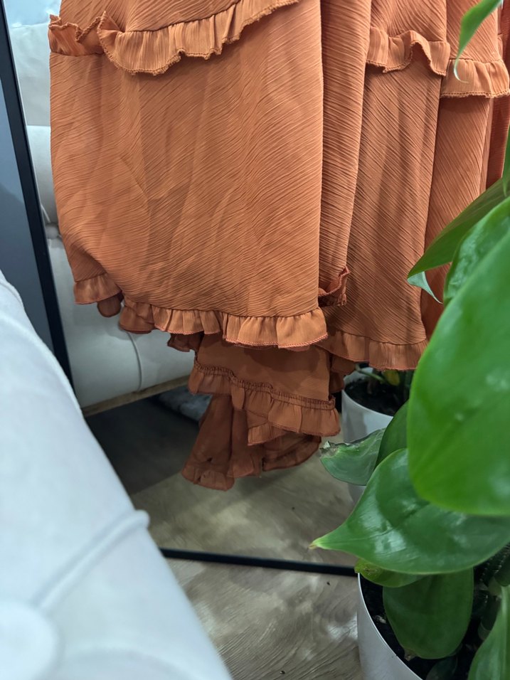 Uzun Kahverengi Fırfırlı Bohem Elbise - Görsel 5