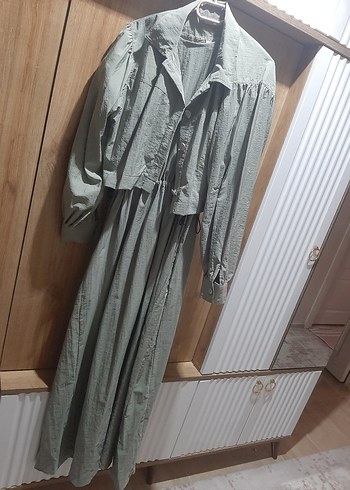 l Beden gri Renk Gri Keten Uzun Kollu Salaş Uzun Elbise