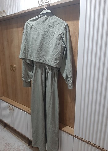 l Beden Gri Keten Uzun Kollu Salaş Uzun Elbise