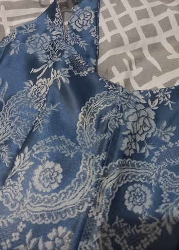 Denim Halter Yaka Bağlamalı mavi beyaz desenli korse - Görsel 2