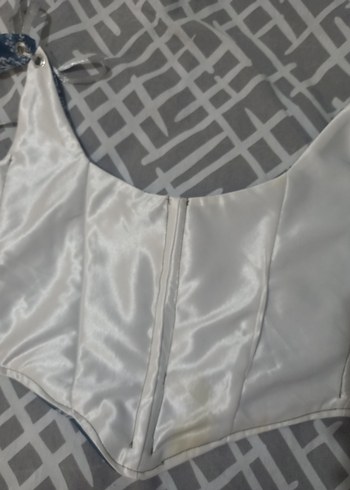 Denim Halter Yaka Bağlamalı mavi beyaz desenli korse - Görsel 7