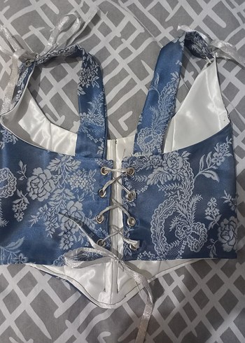 Denim Halter Yaka Bağlamalı mavi beyaz desenli korse - Görsel 4