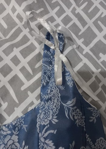 Denim Halter Yaka Bağlamalı mavi beyaz desenli korse - Görsel 3