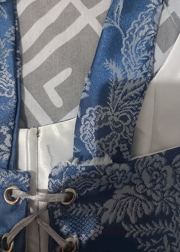 Denim Halter Yaka Bağlamalı mavi beyaz desenli korse - Görsel 5