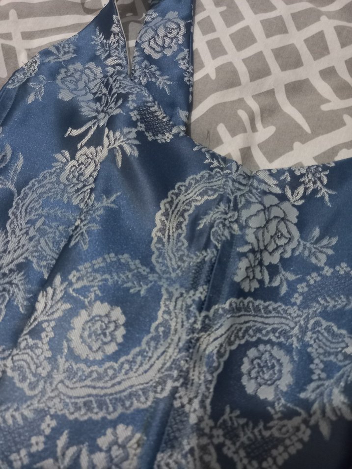 Denim Halter Yaka Bağlamalı mavi beyaz desenli korse - Görsel 2