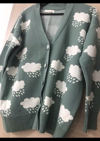 Uzun Kollu Yeşil Bulut Desenli Hırka - Görsel 2