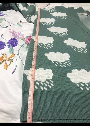 Uzun Kollu Yeşil Bulut Desenli Hırka - Görsel 4