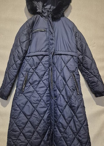 Koyu Lacivert Uzun Kadın Kışlık Kürklü Mont - Görsel 7