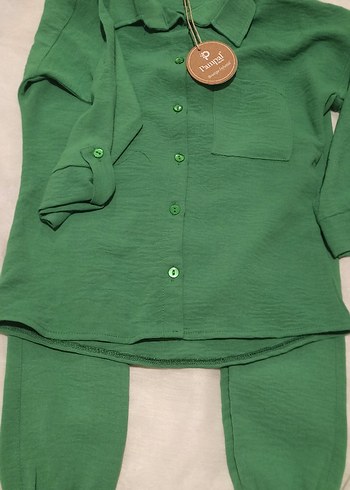 Düğmeli Yeşil Keten çocuk takım - Görsel 7