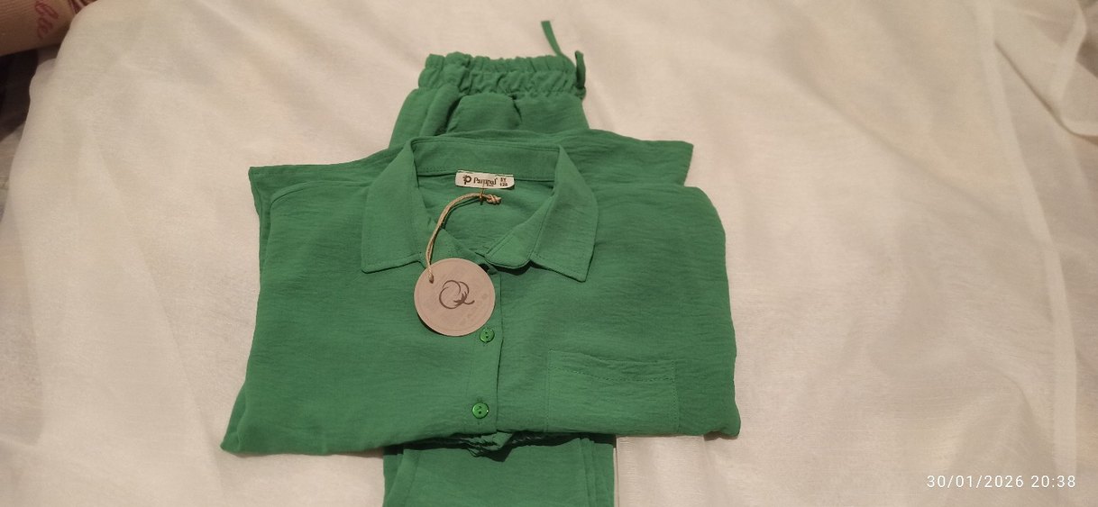 Düğmeli Yeşil Keten çocuk takım - Görsel 2