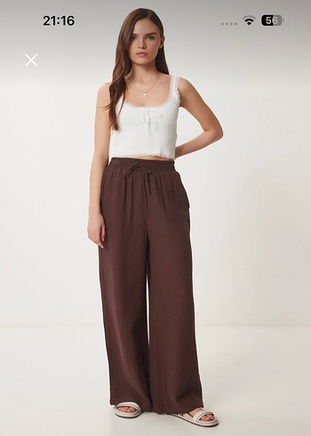 Kadın Kahverengi Pamuklu Müslin  Salaş Pantolon - Görsel 3