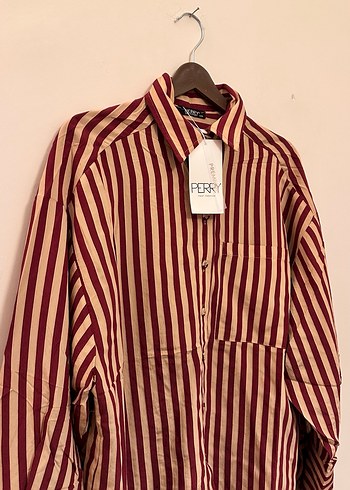 Perry etiketli bordo çizgili gömlek - Görsel 7