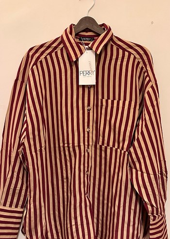 Perry etiketli bordo çizgili gömlek - Görsel 5