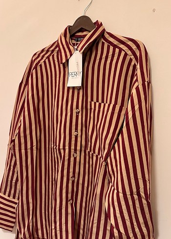 Perry etiketli bordo çizgili gömlek - Görsel 6