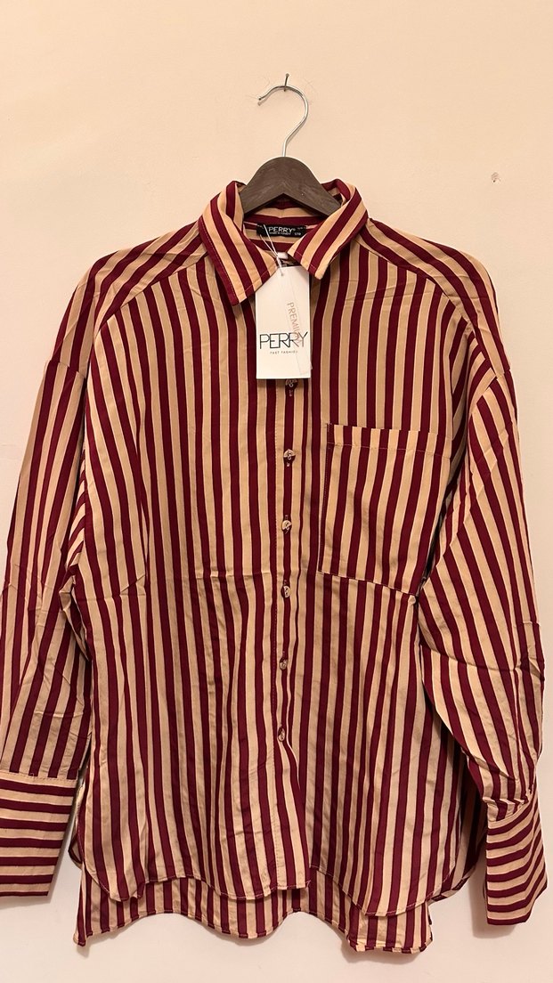 Perry etiketli bordo çizgili gömlek - Görsel 5