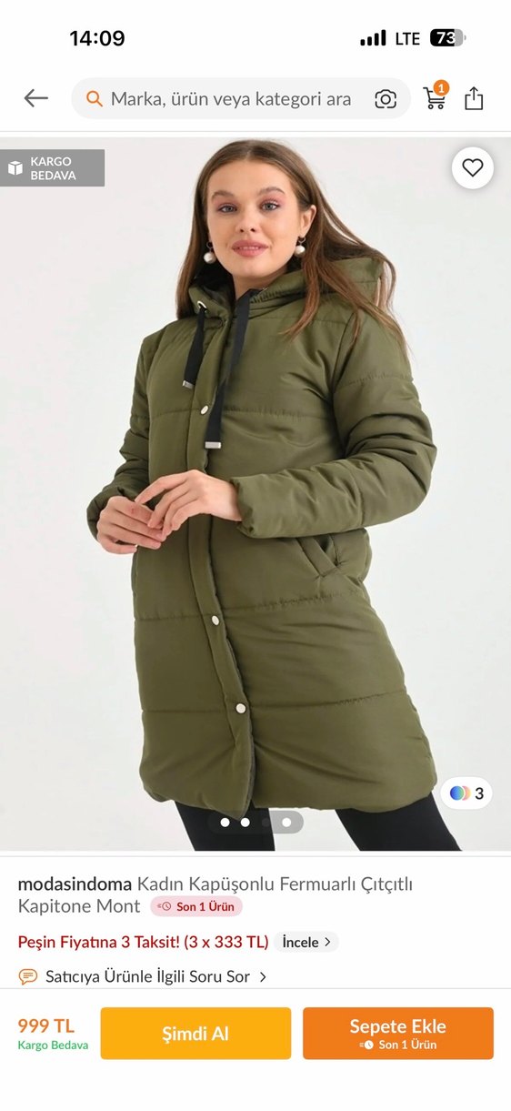 Kadın Kapüşonlu Kapitone Mont - Haki - Görsel 2