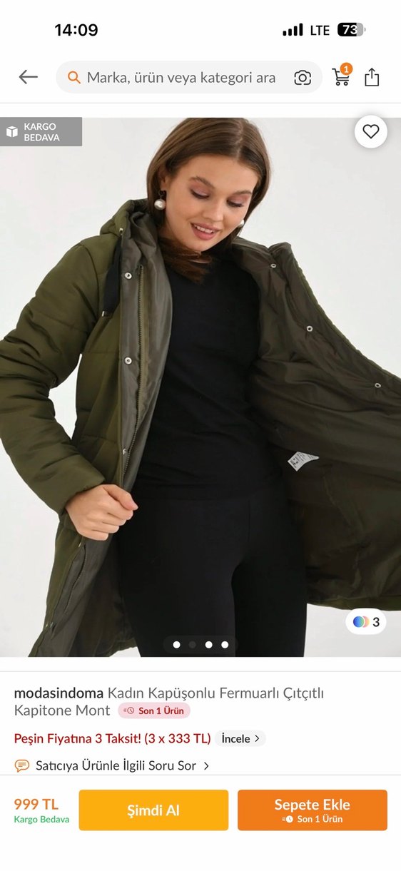 Kadın Kapüşonlu Kapitone Mont - Haki - Görsel 3