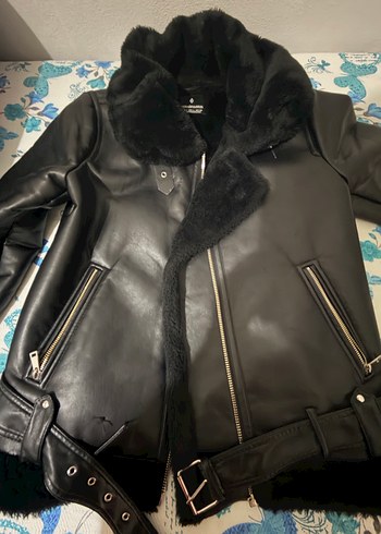 Kürk Detaylı Siyah Deri Kadın Biker Ceket - Görsel 2