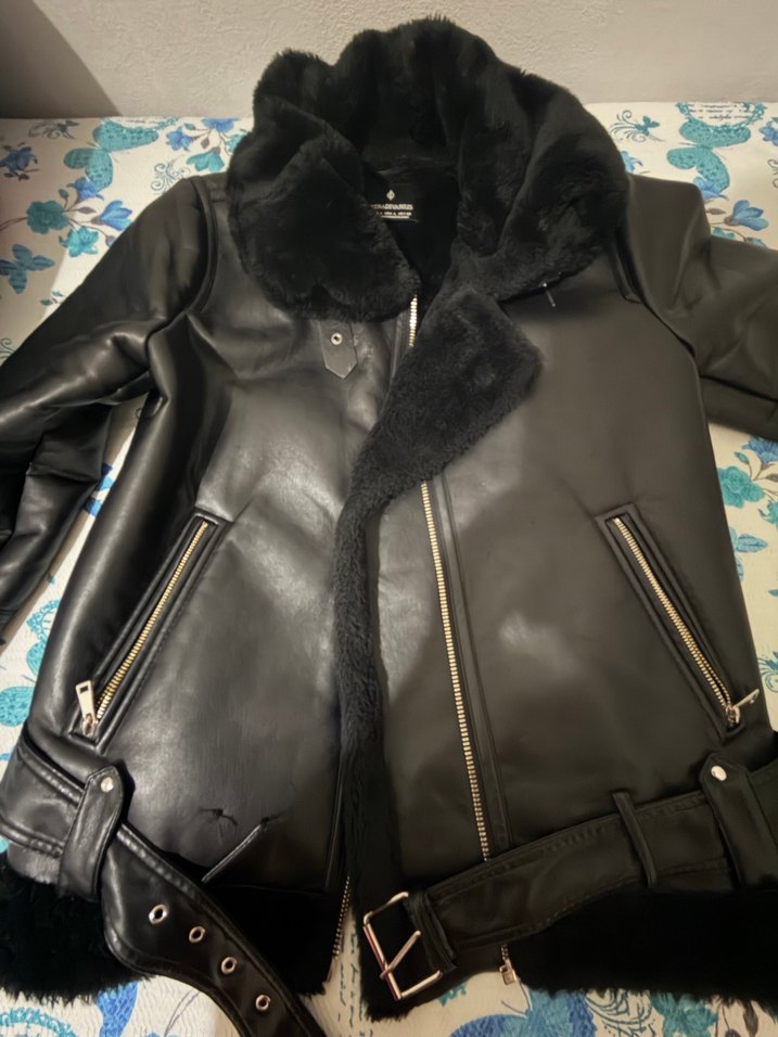 Kürk Detaylı Siyah Deri Kadın Biker Ceket - Görsel 2