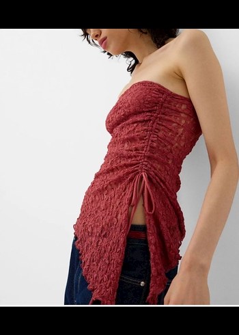 Bordo Drapeli Straplez Mini Bluz - Görsel 2