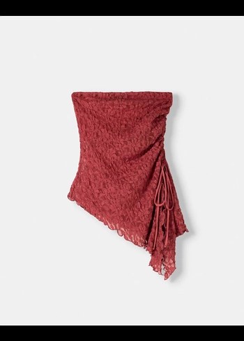 Bordo Drapeli Straplez Mini Bluz - Görsel 3