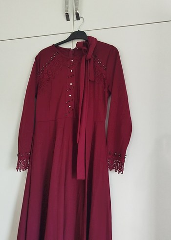Bordo Nakışlı Uzun Kollu Kadın Elbise