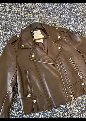 l Beden kahverengi Renk Bershka Kahverengi Biker Deri Kadın Ceket
