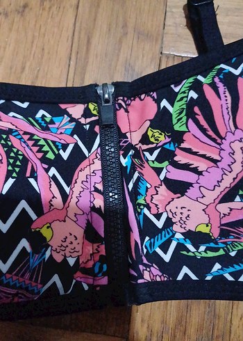 36 Beden Renkli Baskılı Fermuarlı Bikini Üstü