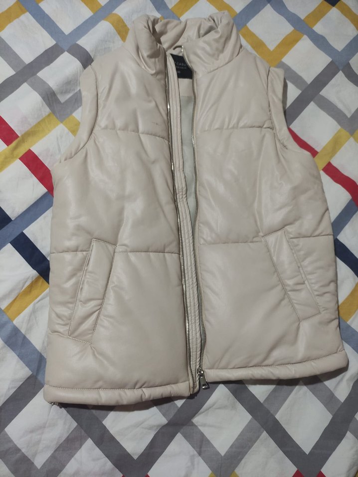 Krem Deri Fermuarlı Kadın Şişme Yelek - Görsel 2