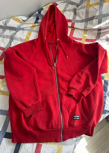 Kadın Kırmızı Fermuarlı Kapüşonlu Sweatshirt