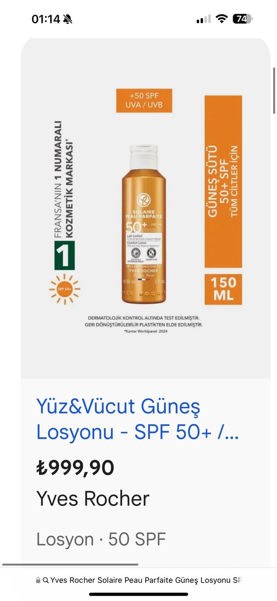 Yves Rocher Solaire Peau Parfaite Güneş Losyonu SPF 50+ - Görsel 5