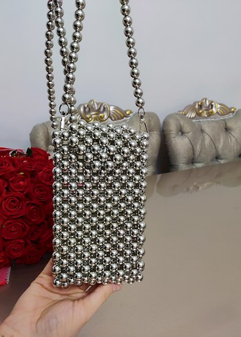 Gri Boncuklu Metal Kadın Çanta - Görsel 2