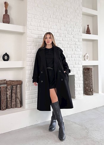 Zara Kemerli Siyah Kadın Uzun Kaşe Kaban