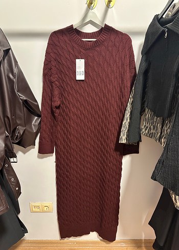 Bordo Örgü Kadın Uzun Elbise